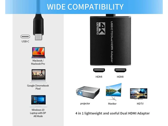 Alt view image 6 of 7 - 4K@60Hz USB C to Dual HDMI Adapter with Power Delivery and 3.5mm Audio Jack, Dual Monitors Adapter USB C Adapter USB C Hub with 2 HDMI Docking Station for Laptop HP/Dell/Surface/Lenovo/Thinkpad