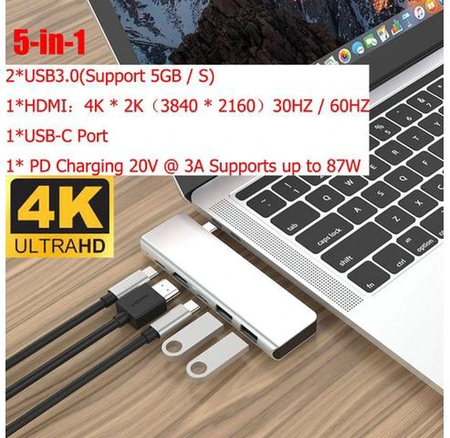 Main image of USB C Hub Adapter, 5 in 1 Multiport Adapter with 4K Type C Hub to HDMI, 2 USB 3.0 Ports, 1*USB-C Ports and USB-C PD Charging for MacBook, Mac Pro, Mac Mini, iMac, Surface Pro, XPS, PC Mobile HD
