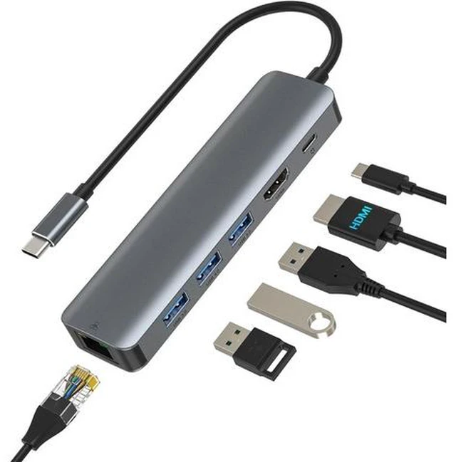Main image of 6 in 1 USB C to Ethernet HDMI Adapter, Aluminum USB Hub with USB-C to Rj45 Gigabit Ethernet LAN Network Adapter USB Multiport HUB for MacBook Pro/Air, iPad Pro