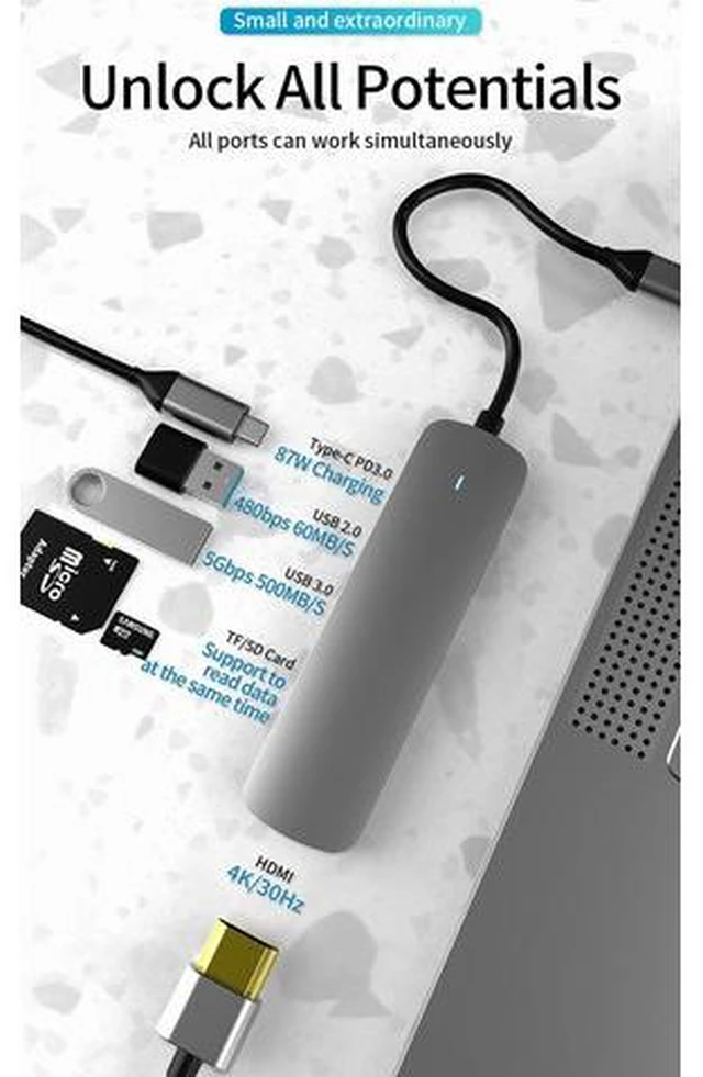 Alt view image 3 of 7 - USB C Hub HDMI Adapter, 6-in-1 Type C Hub to HDMI 4K, USB 3.0/2.0 Ports, SD/TF Cards Reader, 87W Power Delivery Dock, Gigabit Ethernet Hub for MacBook Pro 13/15, 2018 Mac Air, Chromebook and More