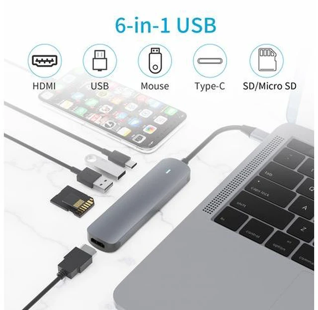 Alt view image 6 of 7 - USB C Hub HDMI Adapter, 6-in-1 Type C Hub to HDMI 4K, USB 3.0/2.0 Ports, SD/TF Cards Reader, 87W Power Delivery Dock, Gigabit Ethernet Hub for MacBook Pro 13/15, 2018 Mac Air, Chromebook and More