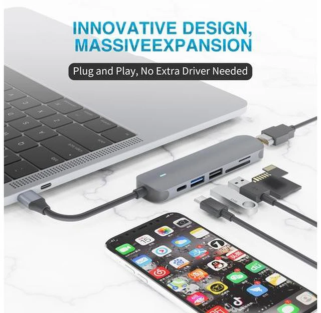 Alt view image 2 of 7 - USB C Hub HDMI Adapter, 6-in-1 Type C Hub to HDMI 4K, USB 3.0/2.0 Ports, SD/TF Cards Reader, 87W Power Delivery Dock, Gigabit Ethernet Hub for MacBook Pro 13/15, 2018 Mac Air, Chromebook and More