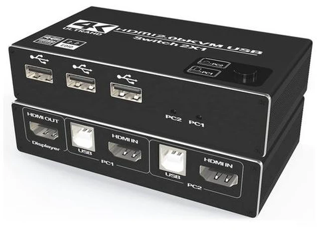 Main image of 4K USB KVM Switch, 2 in 1 Out, UHD 4K@60Hz, 3 USB Hub, One Key Button Switch, Compatible with Most Keyboards and Mouse, 2 Computers Share 1 Monitor