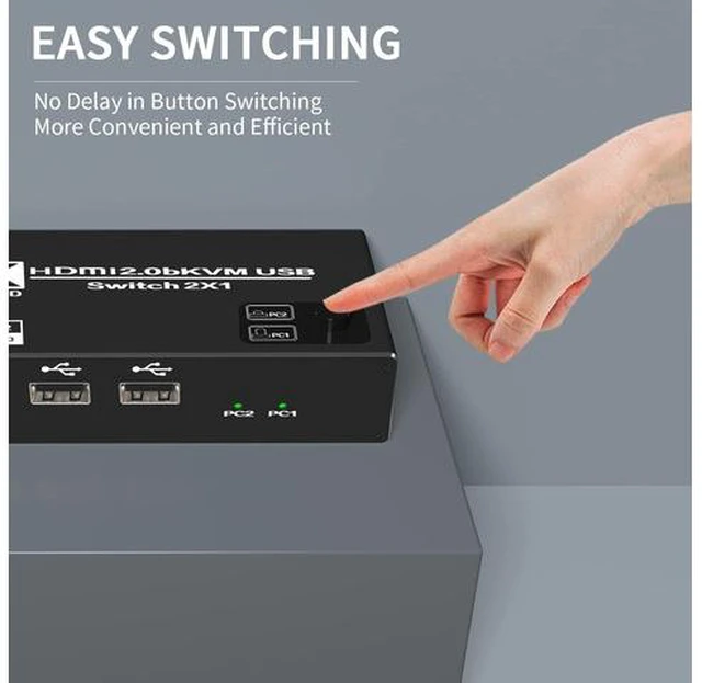 Alt view image 4 of 7 - 4K USB KVM Switch, 2 in 1 Out, UHD 4K@60Hz, 3 USB Hub, One Key Button Switch, Compatible with Most Keyboards and Mouse, 2 Computers Share 1 Monitor