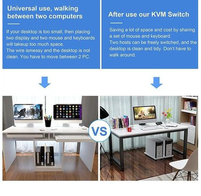 Alt view image 7 of 7 - 4K USB KVM Switch, 2 in 1 Out, UHD 4K@60Hz, 3 USB Hub, One Key Button Switch, Compatible with Most Keyboards and Mouse, 2 Computers Share 1 Monitor