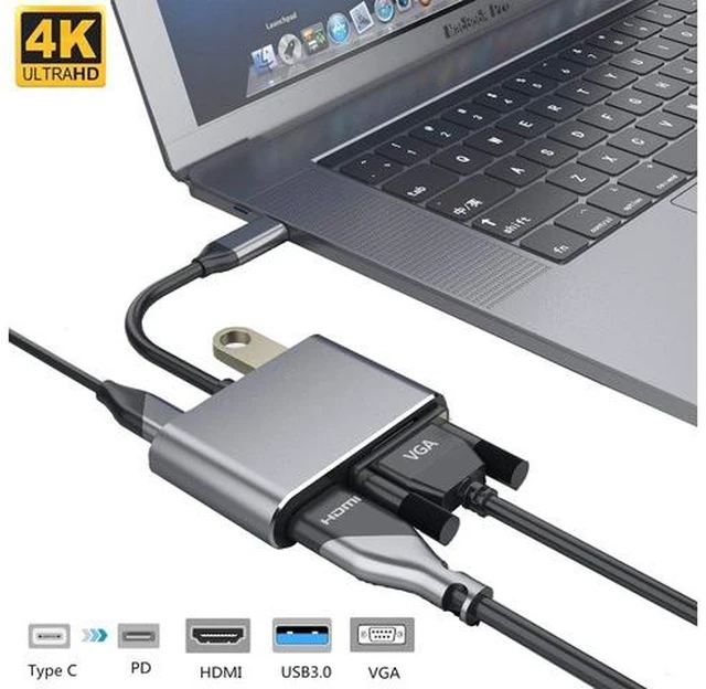 Main image of USB C Hub, USB 3.1 Type-C to HDMI VGA Adapter with 4K HDMI, 1080P VGA, USB 3.0, PD Pass-Through Charging, Dual Screens Display for Mac Pro and Other Laptops with Thunderbolt 3 Port-Gray