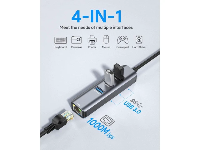 Alt view image 2 of 7 - USB C to Ethernet Adapter, 3-Port USB 3.0 Hub with RJ45 10/100/1000 Gigabit Ethernet Adapter Support Windows 10,8.1,Mac OS, Surface Pro,Linux,Chromebook and More