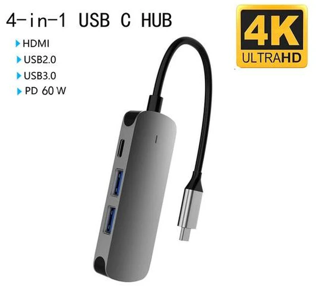 Main image of USB C Hub, USB C HDMI Adapter 4K 30Hz 4 in 1 Type C Hub to 4K HDMI USB 3.0/2.0 Ports 60W Power Delivery for MacBook Pro 2019 2018 2017 Galaxy Note 10 S10 S9 S8 Plus Chromebook XPS