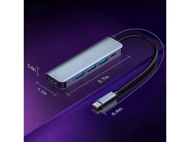 Alt view image 7 of 7 - USB C Hub 5 in 1 Multiport Adapter 4K HDMI, 100W Power Delivery, 3 USB-A Data Ports, USB C Dongle for MacBook Pro/Air, iPad Pro, iMac, iPhone 15 Pro/Pro Max, XPS