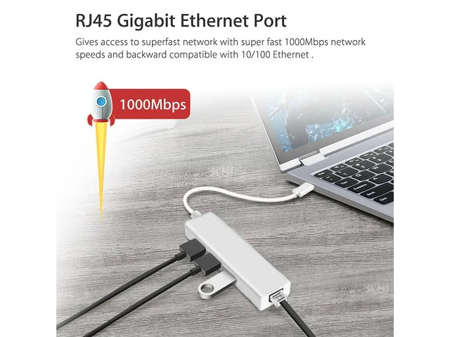 Alt view image 4 of 7 - 3-Port USB-C to 3*USB 3.0 Aluminum Portable Data Hub, with 10 Mpbs, 100 Mbps, 1000 Mbps, or 1 Gigabit Network Adapter with Ethernet Port, for MacBook Pro 2016, ChromeBook, XPS and More, Silver