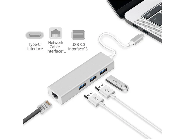 Alt view image 3 of 7 - 3-Port USB-C to 3*USB 3.0 Aluminum Portable Data Hub, with 10 Mpbs, 100 Mbps, 1000 Mbps, or 1 Gigabit Network Adapter with Ethernet Port, for MacBook Pro 2016, ChromeBook, XPS and More, Gray