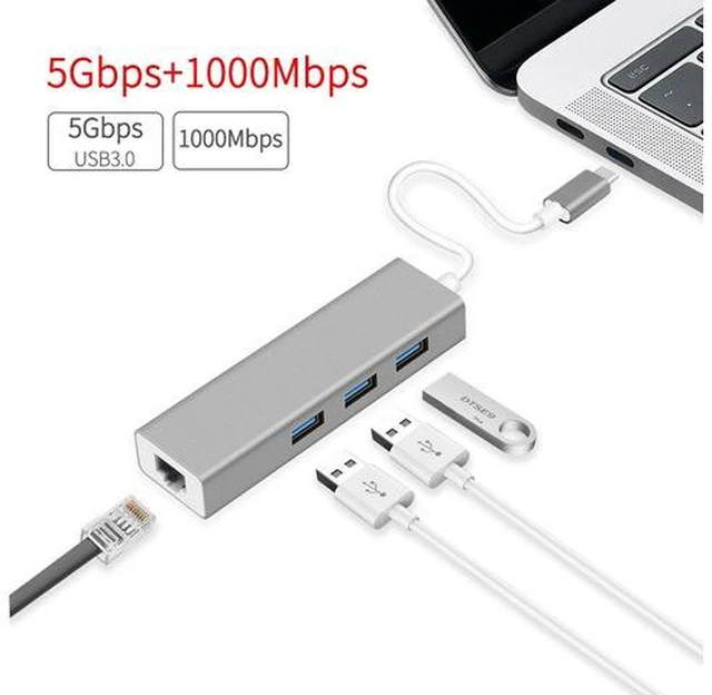 Main image of 3-Port USB-C to 3*USB 3.0 Aluminum Portable Data Hub, with 10 Mpbs, 100 Mbps, 1000 Mbps, or 1 Gigabit Network Adapter with Ethernet Port, for MacBook Pro 2016, ChromeBook, XPS and More, Gray