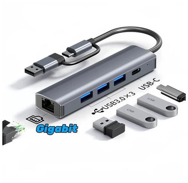 Main image of USB to Ethernet Adapter, Aluminum USB Hub with 3 USB 3.0 Ports/1 USB C Ports, USB3.0/USB-C to RJ45 Gigabit Ethernet LAN Network Adapter Multiport for MacBook Pro/Air, iPad Pro