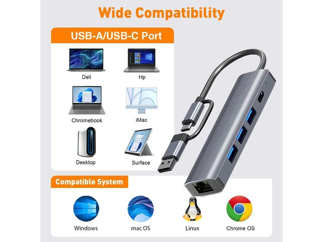 Alt view image 4 of 7 - USB to Ethernet Adapter, Aluminum USB Hub with 3 USB 3.0 Ports/1 USB C Ports, USB3.0/USB-C to RJ45 Gigabit Ethernet LAN Network Adapter Multiport for MacBook Pro/Air, iPad Pro