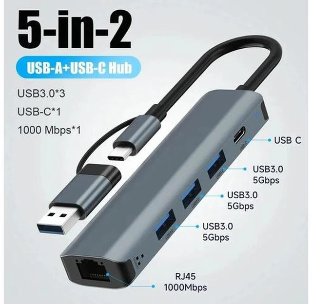 Main image of USB to Ethernet Adapter Gigabit | 3-Port USB3.0/1-Port USB-C Hub with 10/100/1000 RJ45 Adapter,Aluminum 5-in-1 USB-A/C to LAN Network Converter for Surface Pro,Chromebook,Dell and Laptop