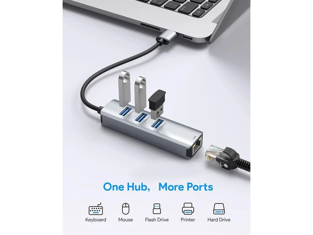 Alt view image 2 of 7 - USB 3.0 to Ethernet Adapter, 3-Port USB 3.0 Hub with RJ45 10/100/1000 Gigabit Ethernet Adapter Support Windows 10,8.1,Mac OS, Surface Pro,Linux,Chromebook and More
