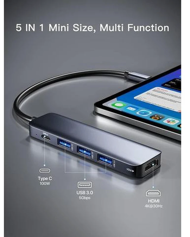 Alt view image 2 of 7 - USB C Hub 3.0 with HDMI 4K, 100W PD, 3*USB 3.0(5Gbps), 5 in 1 USB C to HDMI Hub Docking Station for MacBook Air/Pro, iPad Pro, Mac