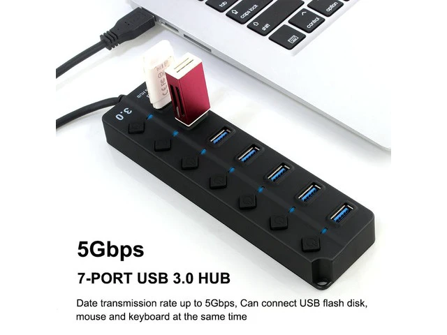 Alt view image 4 of 7 - Powered USB 3.0 Multiport Hub, 7-Port Data Splitter with 5V DC Power Adapter, Individual On/Off Switches for MacBook, Mac Pro/Mini, Surface, Chromebook, More (Black, 7IN1HUB))