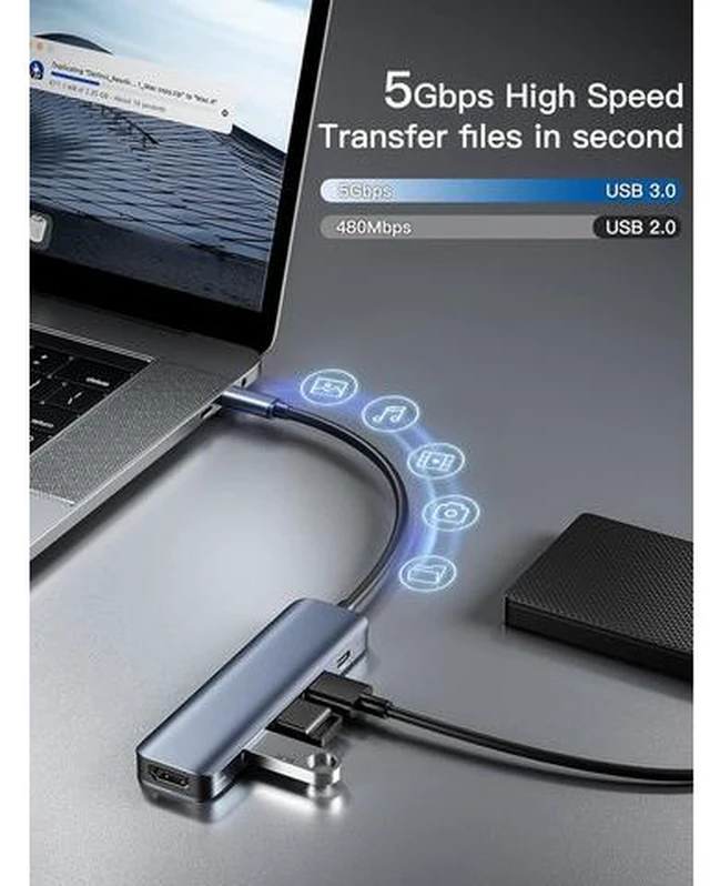 Alt view image 5 of 7 - USB C Hub 3.0 with HDMI 4K, 100W PD, 3*USB 3.0(5Gbps), 5 in 1 USB C to HDMI Hub Docking Station for MacBook Air/Pro, iPad Pro, Mac