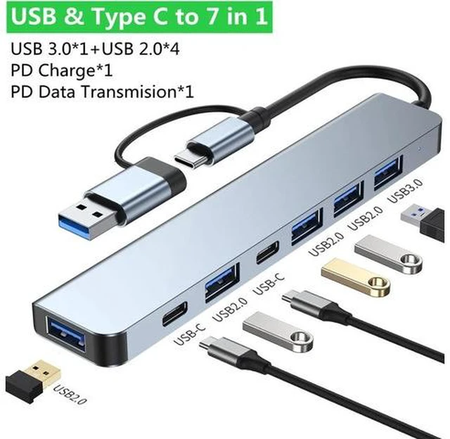 Main image of Aluminum 7 in 1 USB C & USB Hub with USB 3.0, USB 2.0 Ports for PC/Laptops/MacBook Pro/Air/iMac/iPad and More Devices