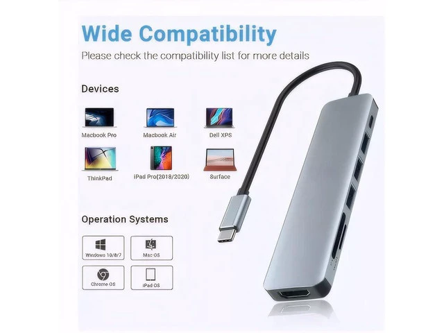 Alt view image 7 of 7 - 7-in-1 USB C Hub with 4K HDMI, Multiport USB C Adapter featuring 3 USB A Ports, 100W PD, SD/TF Compatibility, Ideal for MacBook, Surface Pro/Go, iPad Pro/Air, Laptops and Other Type C Devices