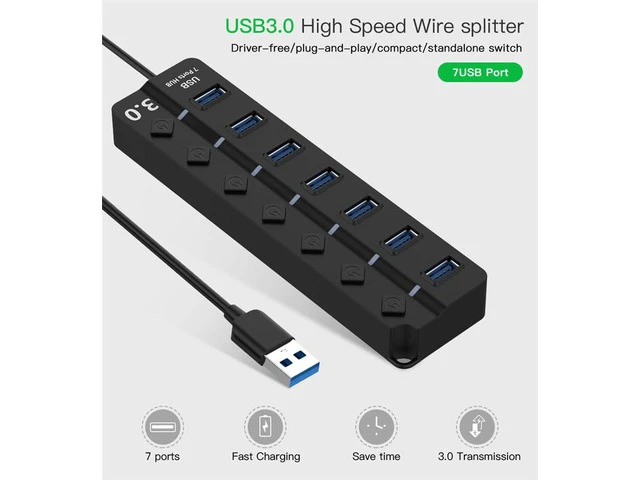 Alt view image 2 of 7 - USB Hub 3.0 Powered, 7 Ports USB Data Hub Splitter with 5V DC Power Adapter and ON/Off Switches for MacBook, Mac Pro/Mini, iMac, Surface Pro Laptop/PC