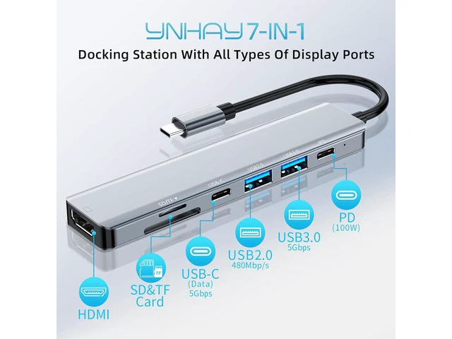 Alt view image 2 of 7 - USB C Hub,7 in 1 Adapter,Multiport Adapter with 4K HDMI, USB C & USB3.0 & USB2.0, PD 100W, SD/TF, USB C Docking Station for MacBook Air/Pro, iPad, Windows, Steam Deck, Switch