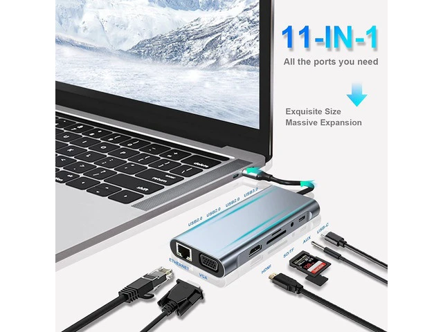 Alt view image 2 of 7 - 11-Ports USB C Hub, USB Hub to Multiport USB C Dongle Adapter 11 in 1 with 4K HDMI, VGA, RJ45, USB 3.0, 3*USB 2.0 Ports, 100W USB-C PD, 3.5mm Aux Ports, TF/SD for MacBook Pro and More Devices