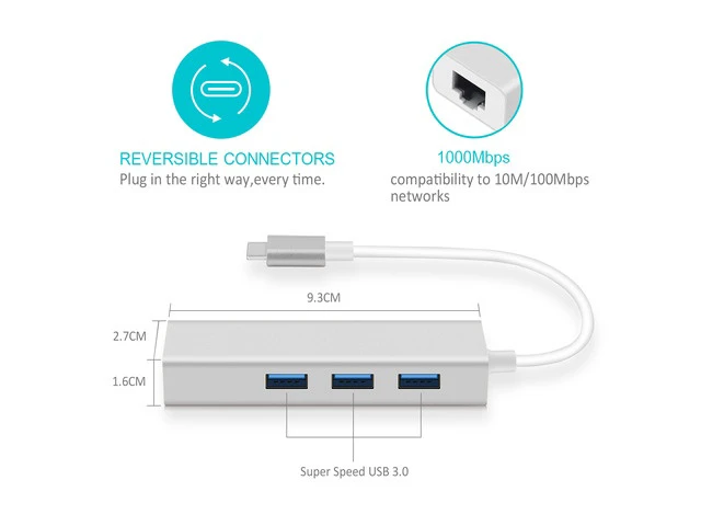 Alt view image 2 of 7 - USB 3.1 Type-C to 3 Port USB Hub with Ethernet Adapter - Silver