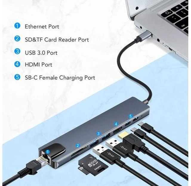 Main image of USB C Hub, 8-in-1 Type C Multiport Hub Adapter with RJ45 Ethernet, 4K HDMI, USB-C PD Charging Port,Type-C Data Port, 2 USB 3.0, SD/TF Cards Reader USB C Dock for MacBook/Pro/Air and More