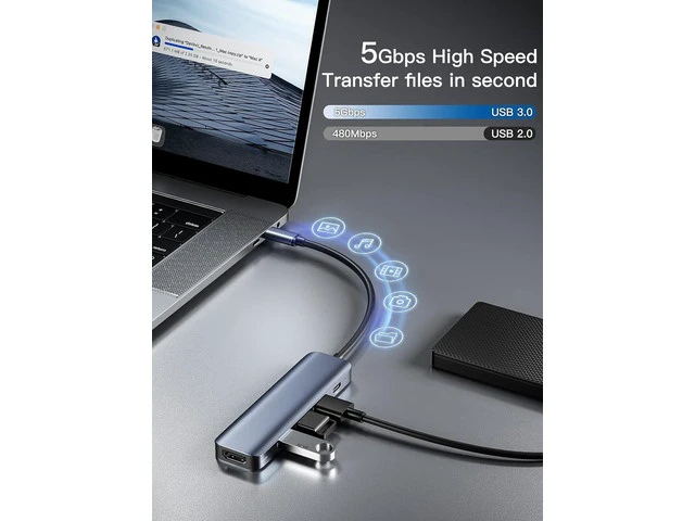 Alt view image 5 of 7 - USB C Hub 3.0 with HDMI 4k, 5 in 1 USB C Hub Splitter Multiport Network Adapter with 1 x HDMI 4k Port, 3 x USB 3.0 (5Gbps), PD 100W Charging, for MacBook Pro Air/foriphone 15/ for pad pro/HDTV