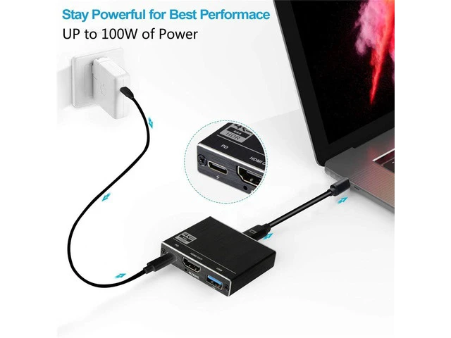 Alt view image 3 of 7 - USB C to HDMI+PD+USB3.0 Adapter, Type-C Hub Thunderbolt 3 to HDMI Output with USB 3.0 Port & 100W PD Charging Port, USB-C to HDMI Adapter 4K@60Hz Converter for Mac iPad pro MacBook