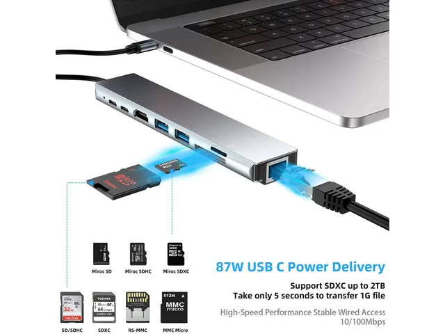 Alt view image 7 of 7 - USB C Hub, 8-in-1 Type C Multiport Hub Adapter with RJ45 Ethernet, 4K HDMI, USB-C PD Charging Port,Type-C Data Port, 2 USB 3.0, SD/TF Cards Reader USB C Dock for MacBook/Pro/Air and More