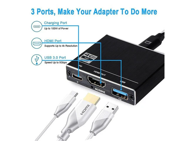 Alt view image 2 of 7 - USB C to HDMI+PD+USB3.0 Adapter, Type-C Hub Thunderbolt 3 to HDMI Output with USB 3.0 Port & 100W PD Charging Port, USB-C to HDMI Adapter 4K@60Hz Converter for Mac iPad pro MacBook