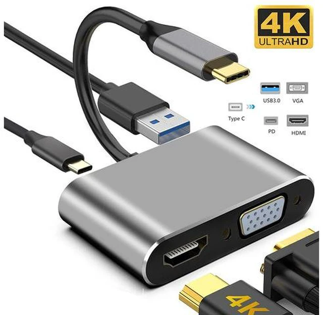 Main image of USB C to HDMI/VGA Adapter, 4 in 1 USB-CType-C Hub VGA/HDMI/USB3.0/PD Video Adapter 4K UHD, Support HDMI&VGA Simultaneously, Compatible with MacBook/Pro/Air,iPad Pro, and More Type C Laptops -Gray