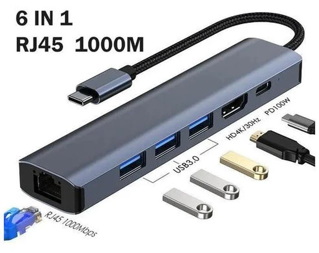 Main image of USB-C Type-C to Ethernet Adapter, 6 in 1 USB C Hub with 3 USB 3.0 Ports/100W PD Charging/Gigabit Rj45/4K HDMI Video Output, Thunderbolt (3/4) to Network Adapter for MacBook Pro/Air, XPS, iPad