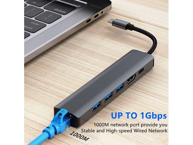 Alt view image 4 of 7 - USB-C Type-C to Ethernet Adapter, 6 in 1 USB C Hub with 3 USB 3.0 Ports/100W PD Charging/Gigabit Rj45/4K HDMI Video Output, Thunderbolt (3/4) to Network Adapter for MacBook Pro/Air, XPS, iPad
