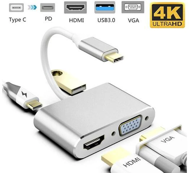 Main image of USB C to HDMI/VGA Adapter, ESTONE 4 in 1 USB-CType-C Hub VGA/HDMI/USB3.0/PD Video Adapter 4K UHD, Support HDMI&VGA Simultaneously, Male to Female Multi-Display Video Converter -Silver