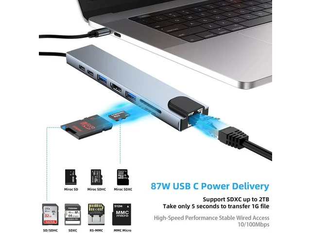 Alt view image 4 of 7 - USB C Hub, 8-in-1 Type C Hub with RJ45 Port, USB3.0/2.0 Port,4K HDMI,SD/TF Card Port,87W PD, Type-C Port Compatible for MacBook/Pro/Air 2016/2017/2018 and More USB C Devices