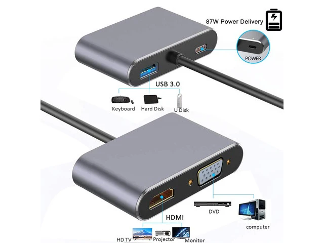 Alt view image 2 of 7 - USB C Hub, USB 3.1 Type-C to HDMI VGA Adapter with 4K HDMI, 1080P VGA, USB 3.0, PD Pass-Through Charging, Dual Screens Display for Mac Pro and Other Laptops with Thunderbolt 3 Port-Silver