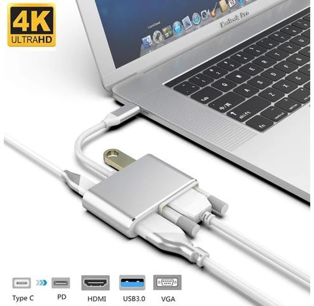 Main image of USB C Hub, USB 3.1 Type-C to HDMI VGA Adapter with 4K HDMI, 1080P VGA, USB 3.0, PD Pass-Through Charging, Dual Screens Display for Mac Pro and Other Laptops with Thunderbolt 3 Port-Silver
