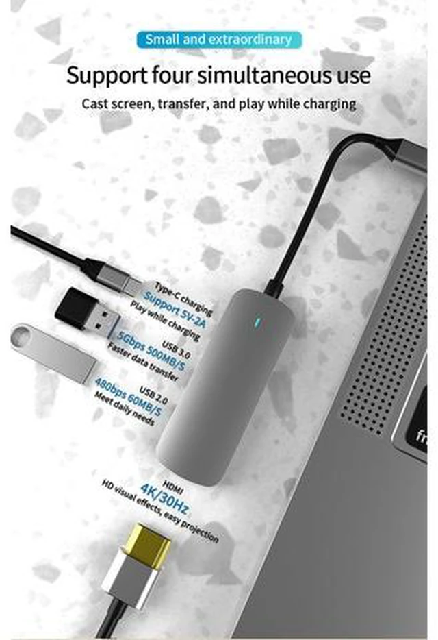 Alt view image 2 of 7 - USB C Hub 4 in 1 Type C Dock to HDMI 4K,2 USB 3.0/2.0 Ports, 60W PD Charging Adapter Compatible with Mac-Book Pro Air ,Galaxy Note 10 S10 S9 S8,Surface Go,Dell XPS and More USB C Ports