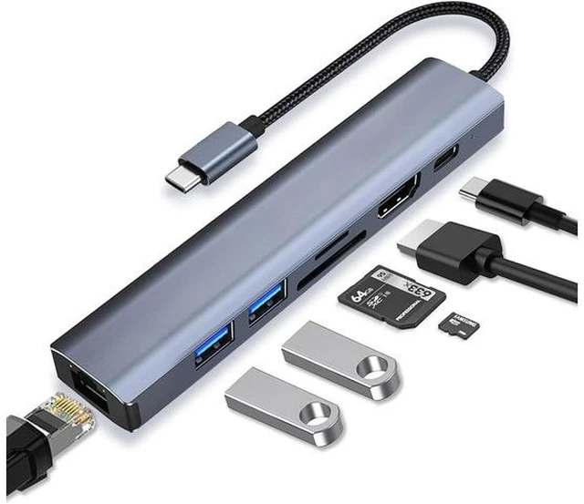 Main image of 7 in 1 USB C to Ethernet Adapter, Aluminum USB Hub with USB-C to Rj45 Gigabit Ethernet LAN Network Adapter Multiport for MacBook Pro/Air, iPad Pro