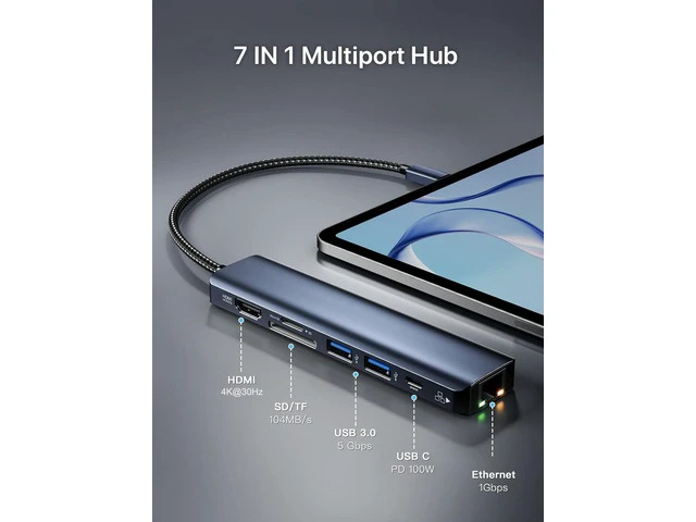 Alt view image 2 of 7 - 7 in 1 USB C to Ethernet Adapter, Aluminum USB Hub with USB-C to Rj45 Gigabit Ethernet LAN Network Adapter Multiport for MacBook Pro/Air, iPad Pro