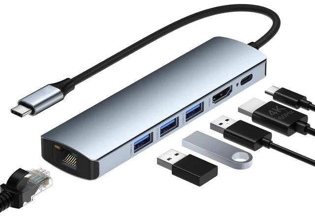 Main image of 6-in-1 USB C Type-C to Gigabit Ethernet Adapter, 3-Port USB 3.0 4K HDMI, 100W PD, USB-C Hub Compatible with MacBook Pro/Air 2023, iPad Pro, iMac, S23, XPS, Surface Book 3 and More