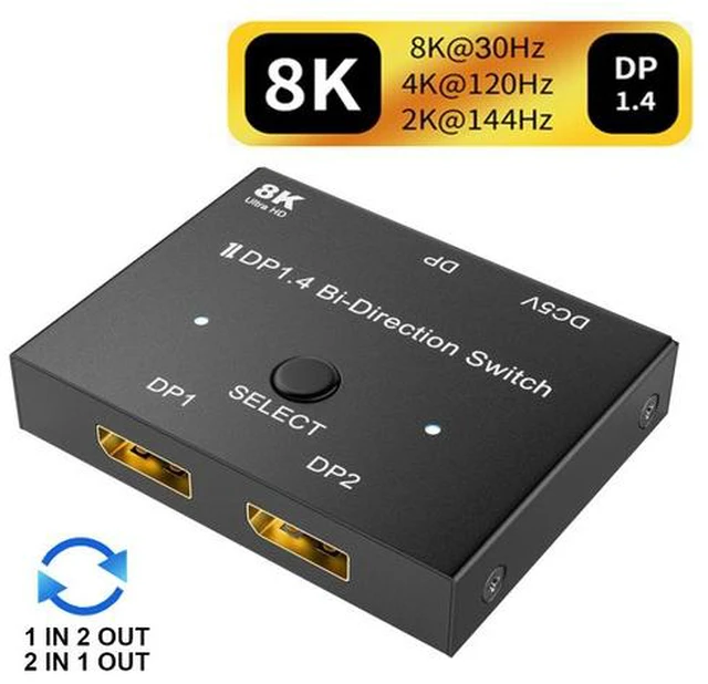 Main image of DisplayPort Splitter 8K Displayport 1In 2Out/2In 1Out Bi-Directional DP 1.4 8K@30Hz 4K@120Hz to 8K DP1.4 1440P@165Hz Directional Converter Switch Multi Screen Transfer