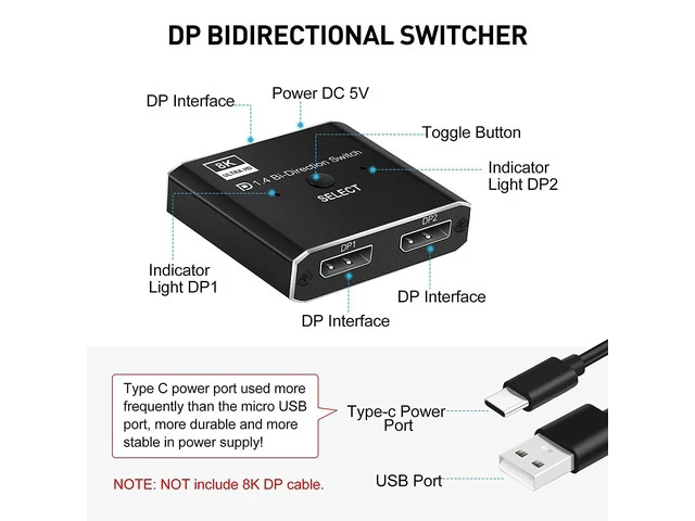 Alt view image 5 of 7 - DisplayPort 8K DP 1.4 2In 1Out 1In 2Out Switch Bi-Direction 8K@30Hz 4K@120Hz Splitter Converter for Multiple Source and displays(OZQD)