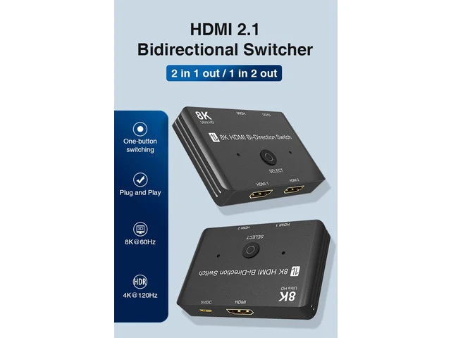 Alt view image 2 of 7 - HDMI 2.1 Ultra HD 8K High Speed 48Gbps Bi-Directional Switch 2 in 1 Out or 1 in 2 Out 8K@60Hz 4K@120Hz Converter Compatible with Xbox PS5 Projectors Monitors