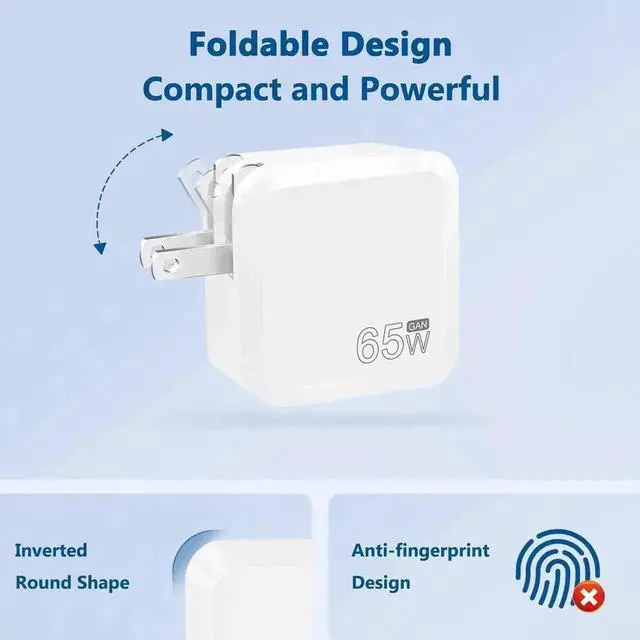 Alt view image 4 of 7 - USB C Charger Block, 65W GaN Adapter with 6FT Type C Cable, Fast Charging Foldable Charger for i-Ph-one 15/14/13/12/11/Pro Max/XS/XR/X,Galaxy,i-P-ad Pro/Air/Mini,Ma-c-Book Pro/Air and More (White)USB