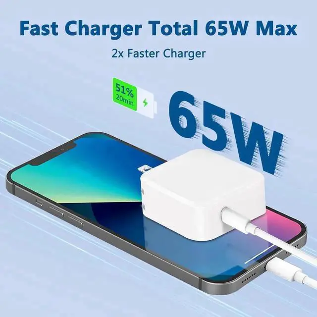 Alt view image 3 of 7 - USB C Charger Block, 65W GaN Adapter with 6FT Type C Cable, Fast Charging Foldable Charger for i-Ph-one 15/14/13/12/11/Pro Max/XS/XR/X,Galaxy,i-P-ad Pro/Air/Mini,Ma-c-Book Pro/Air and More (White)USB